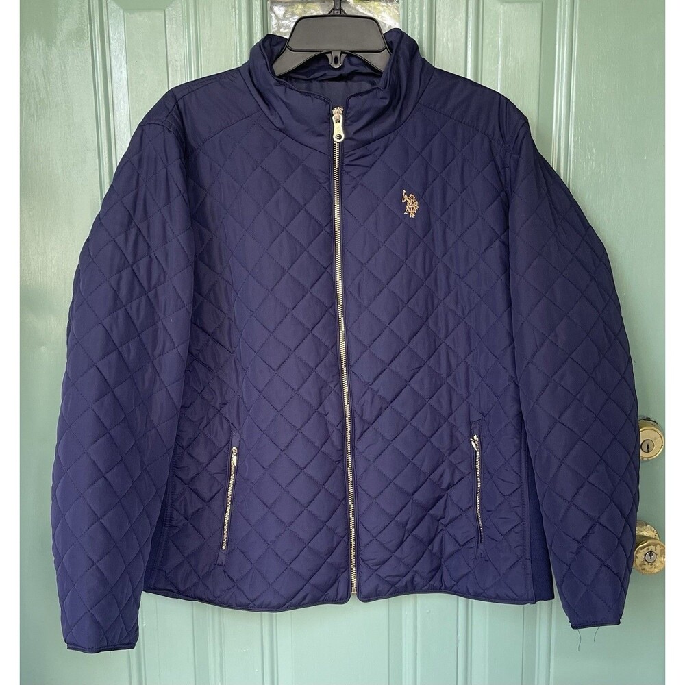 U.S. Polo Assn Sz2X Quilted Side Knit Moto Jacket Navy Blue Zipper Pockets